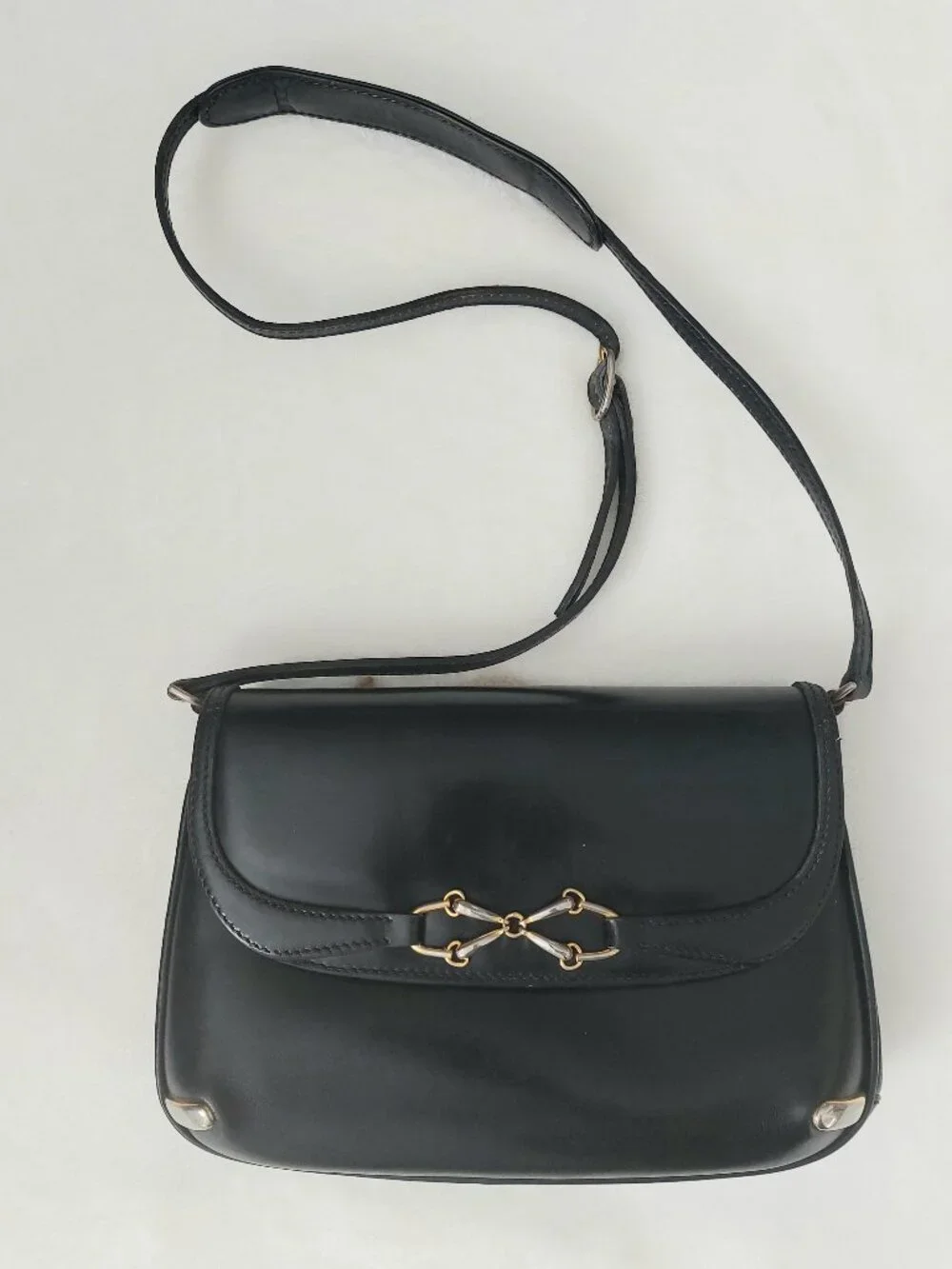 VTG 1970s Gucci Black Calfskin Leather Interlocking Horsebit Flap Shoulder Bag